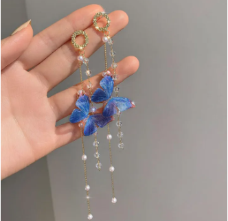 Romantic Long Butterfly Tassel Earrings for Women Delicate Blue Butterfly Pearl Dangle Earrings Wedding Party Jewelry Gift