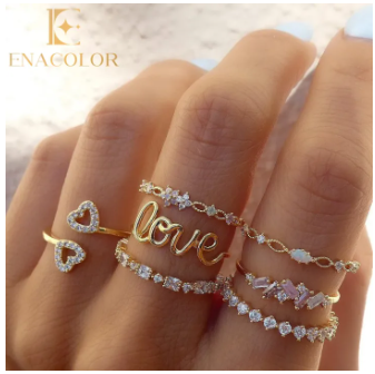Enacolor 7Pcs/Set Elegant Golden Heart Love Set Rings Luxury Zircon Crystal Metal Ring Jewelry Accessories 2025 New