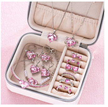 14 Pcs/Set Pink Crystal Jewelry Set for Women Y2k Kpop Cute Girl Heart Pendant Necklace Earring Bracelet Ring Trendy Jewelry New-Metal color Pink No box